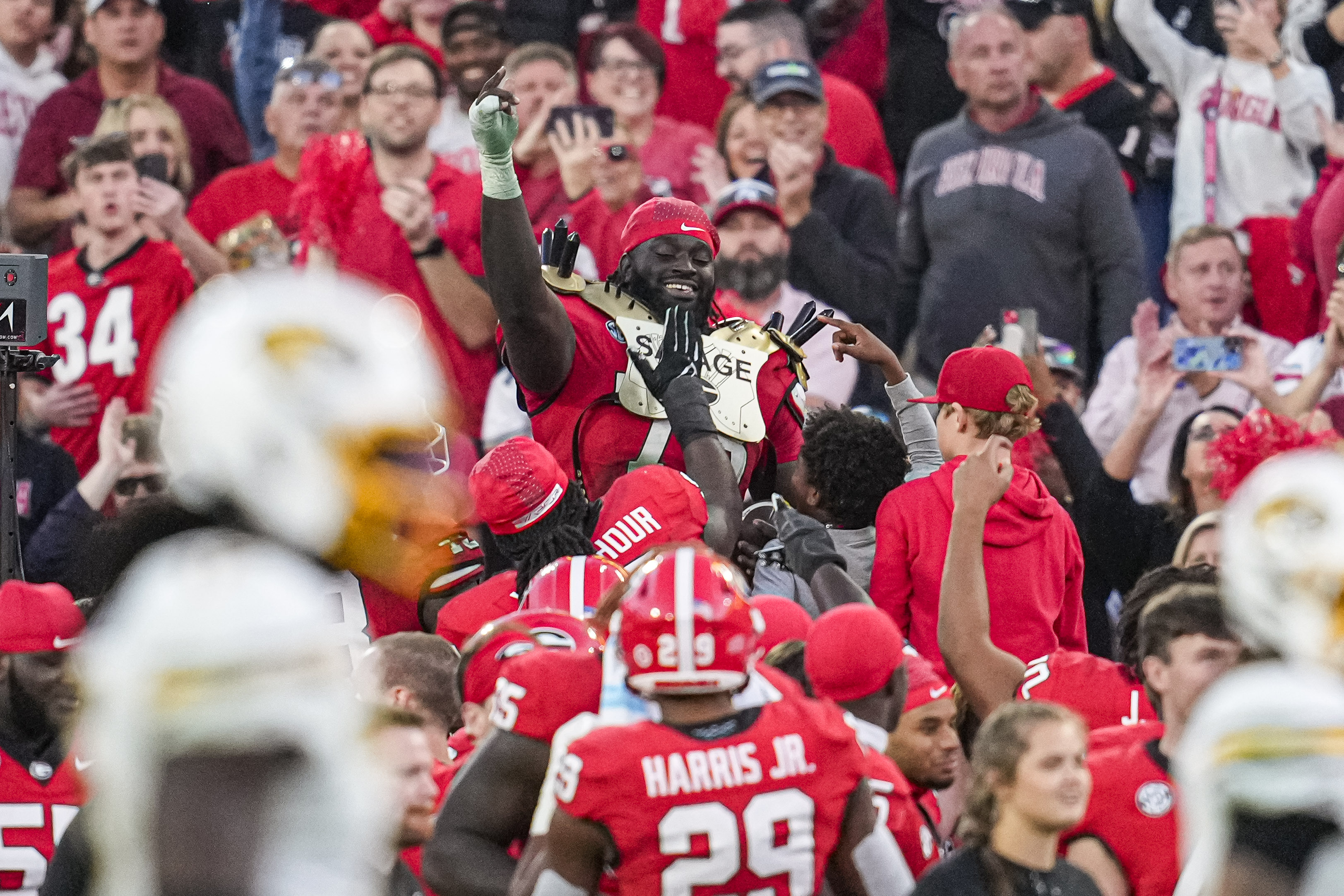 Nov 4, 2023; Athens, Georgia, USA; Georgia Bulldogs defensive lineman Nazir Stackhouse (78) reacts and wears the turnover shoulder pads after intercepting a pass against the Missouri Tigers during the second half at Sanford Stadium.